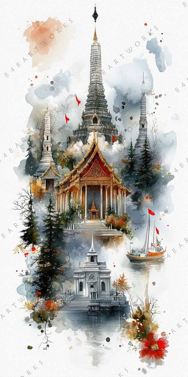 "Digital watercolor of ornate temples and boats amid trees, in warm and cool tones."
