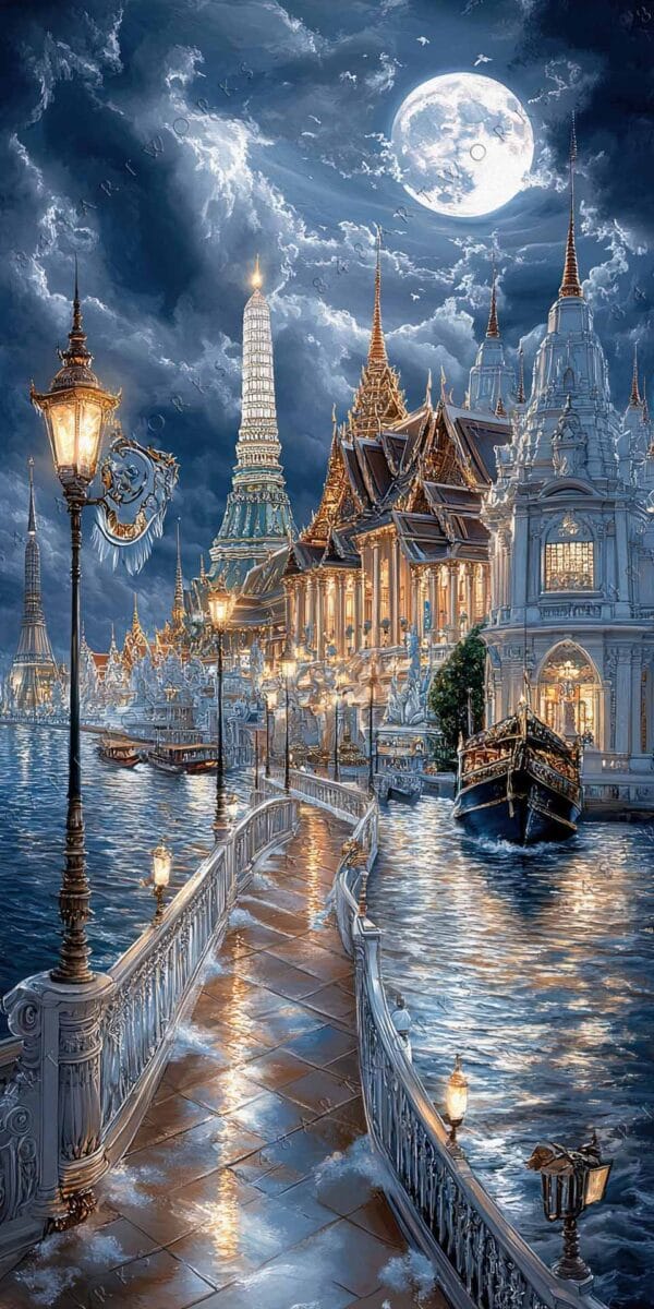 "Fantasy digital artwork of a moonlit cityscape with illuminated ornate buildings and a canal."