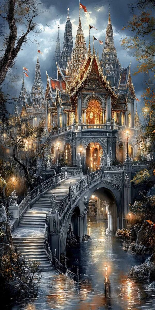 "Fantasy digital painting of an illuminated temple with intricate towers and staircases."