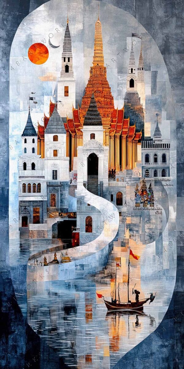 "Abstract digital painting of Thai architecture with a boat, primarily in blue and orange."