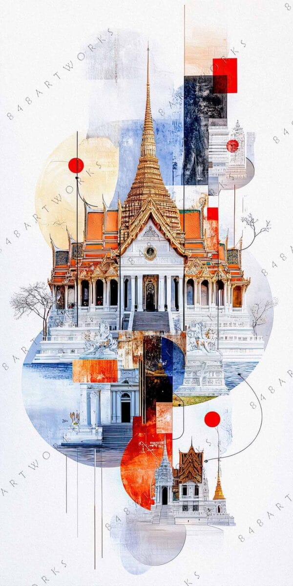 "Abstract digital art depicting a temple with orange roofs and geometric shapes."