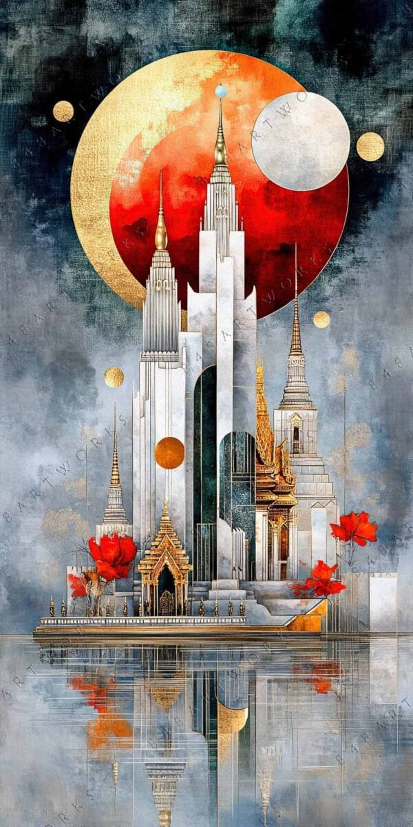 "Surreal digital painting of futuristic temple with red sky and geometric shapes."