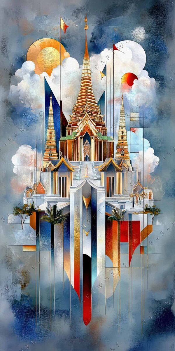 "Surreal digital artwork of an ornate golden temple against a cloudy blue-gray sky."