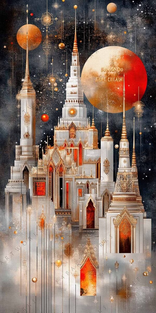 "Surreal digital art of ornate temple with golden spires against an ethereal night sky."
