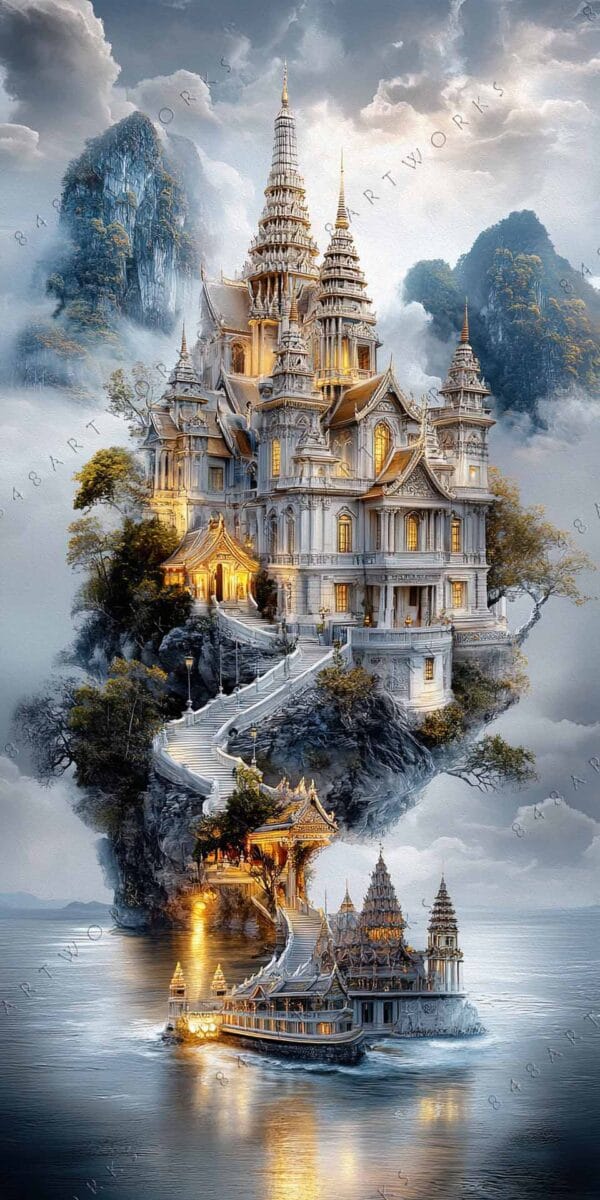 Fantasy digital painting of a magical castle on a floating island in misty tones.