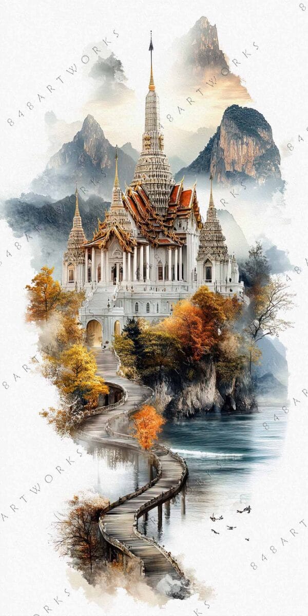 "Digital painting of ornate temple on rocky mountain with pathway, autumn trees, and mist."