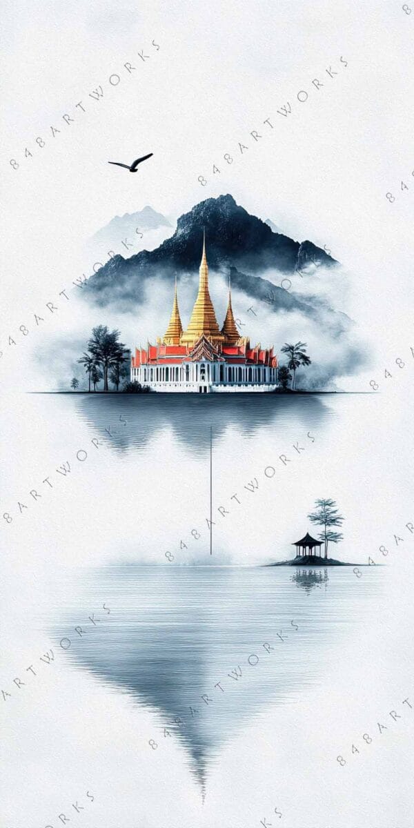 "Minimalist digital art of a golden temple with reflections on a tranquil lake."