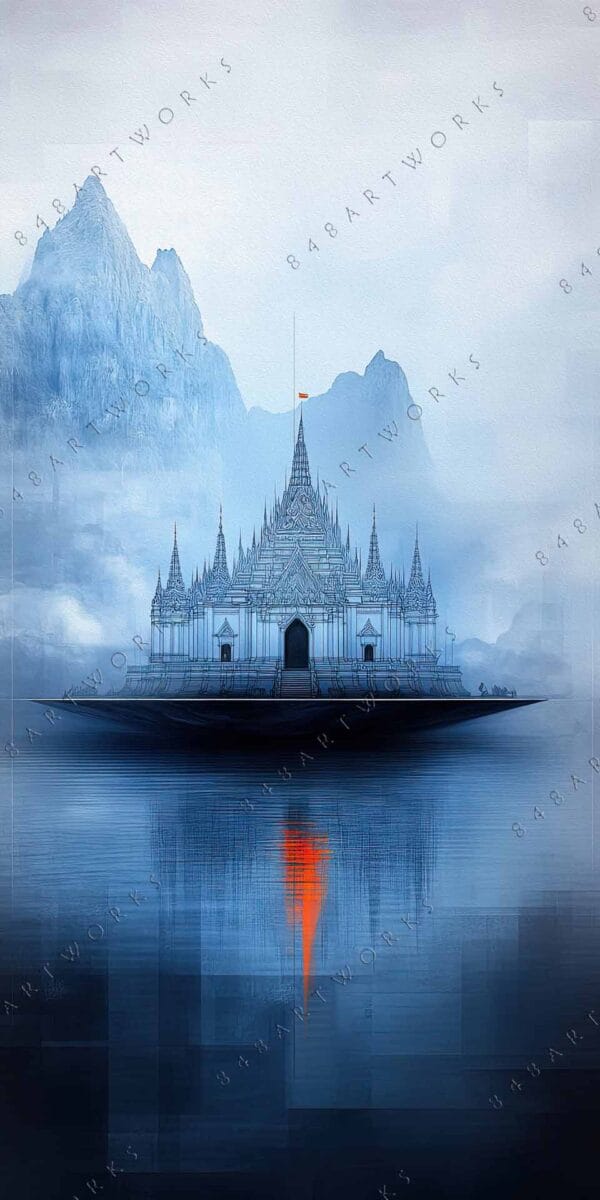"Surreal digital painting of a mystical castle on water, in blue and gray tones."