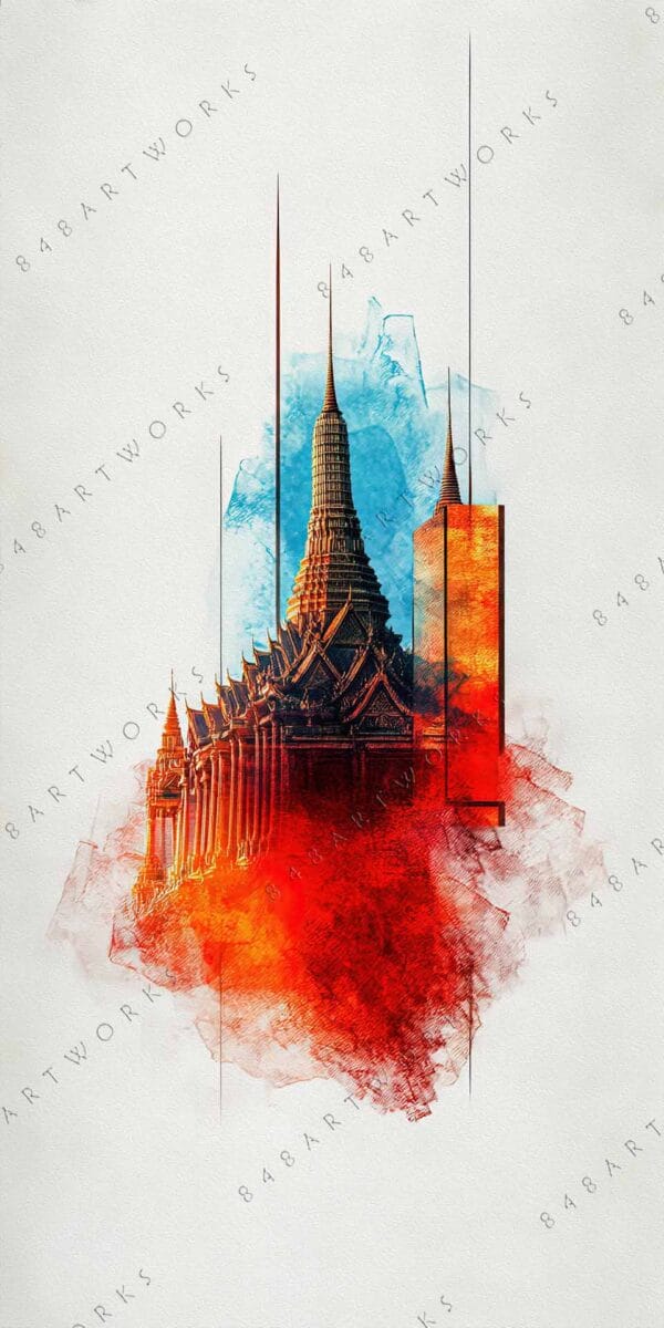 "Digital artwork of a temple with red and blue watercolor effects."