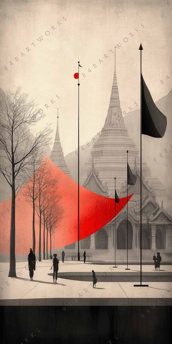 Minimalist digital art of temples with red accents and silhouetted figures, in grayscale.