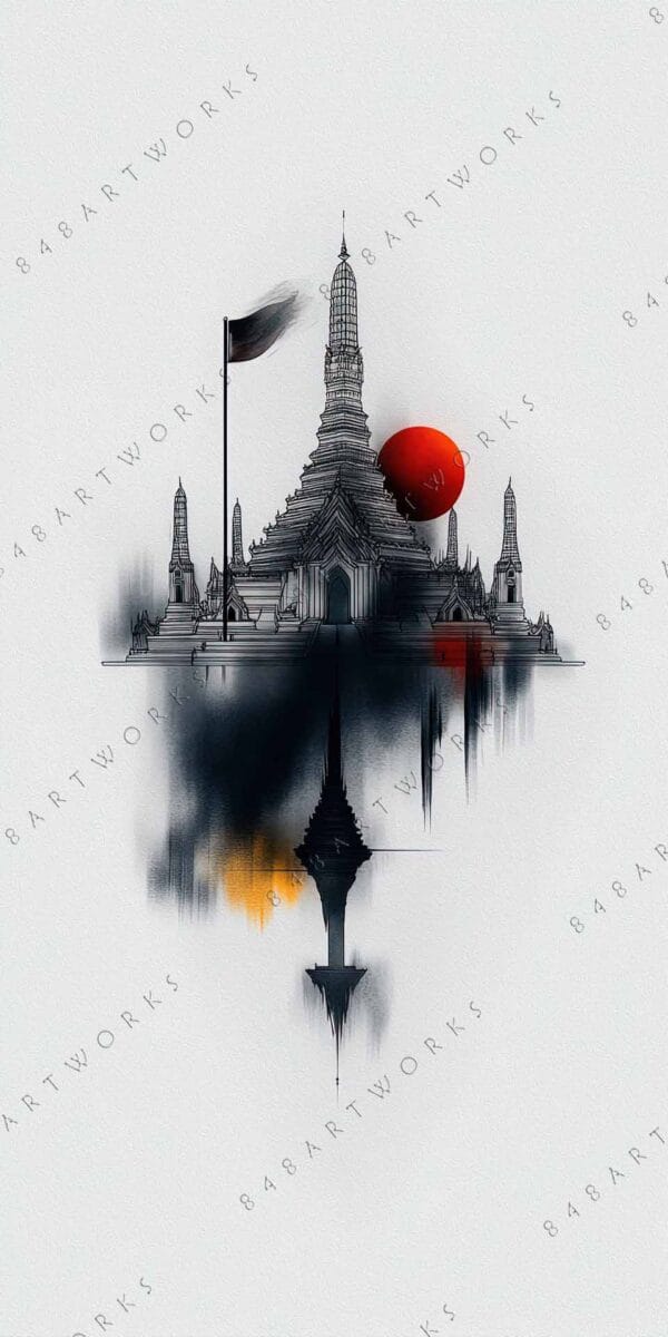 Black and white digital artwork of temple, red sun, and reflection on white background.